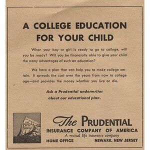 Vintage 1945 Prudential Insurance College Educational Plan Ad u